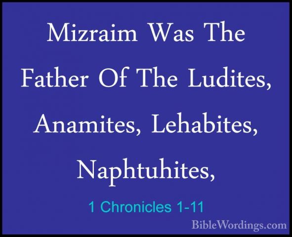 1 Chronicles 1-11 - Mizraim Was The Father Of The Ludites, AnamitMizraim Was The Father Of The Ludites, Anamites, Lehabites, Naphtuhites, 