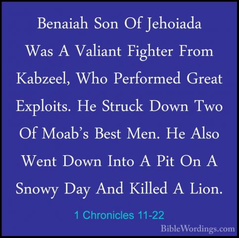 1 Chronicles 11-22 - Benaiah Son Of Jehoiada Was A Valiant FighteBenaiah Son Of Jehoiada Was A Valiant Fighter From Kabzeel, Who Performed Great Exploits. He Struck Down Two Of Moab's Best Men. He Also Went Down Into A Pit On A Snowy Day And Killed A Lion. 