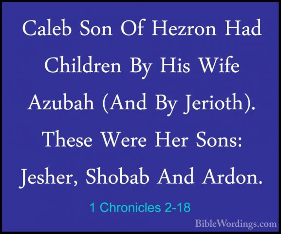 1 Chronicles 2-18 - Caleb Son Of Hezron Had Children By His WifeCaleb Son Of Hezron Had Children By His Wife Azubah (And By Jerioth). These Were Her Sons: Jesher, Shobab And Ardon. 