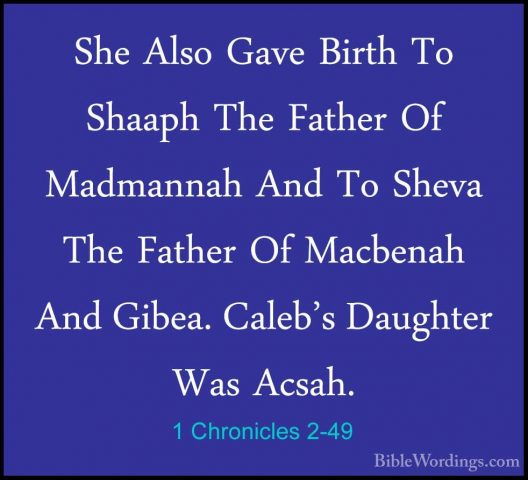 1 Chronicles 2-49 - She Also Gave Birth To Shaaph The Father Of MShe Also Gave Birth To Shaaph The Father Of Madmannah And To Sheva The Father Of Macbenah And Gibea. Caleb's Daughter Was Acsah. 