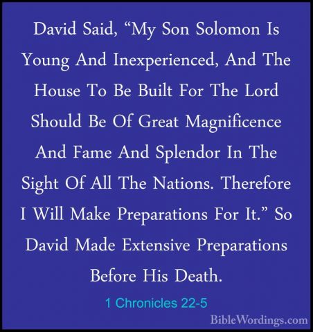 1 Chronicles 22-5 - David Said, "My Son Solomon Is Young And InexDavid Said, "My Son Solomon Is Young And Inexperienced, And The House To Be Built For The Lord Should Be Of Great Magnificence And Fame And Splendor In The Sight Of All The Nations. Therefore I Will Make Preparations For It." So David Made Extensive Preparations Before His Death. 