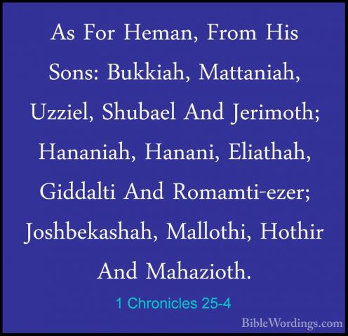 1 Chronicles 25-4 - As For Heman, From His Sons: Bukkiah, MattaniAs For Heman, From His Sons: Bukkiah, Mattaniah, Uzziel, Shubael And Jerimoth; Hananiah, Hanani, Eliathah, Giddalti And Romamti-ezer; Joshbekashah, Mallothi, Hothir And Mahazioth. 
