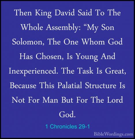 1 Chronicles 29-1 - Then King David Said To The Whole Assembly: "Then King David Said To The Whole Assembly: "My Son Solomon, The One Whom God Has Chosen, Is Young And Inexperienced. The Task Is Great, Because This Palatial Structure Is Not For Man But For The Lord God. 