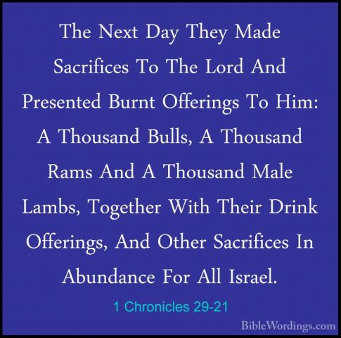 1 Chronicles 29-21 - The Next Day They Made Sacrifices To The LorThe Next Day They Made Sacrifices To The Lord And Presented Burnt Offerings To Him: A Thousand Bulls, A Thousand Rams And A Thousand Male Lambs, Together With Their Drink Offerings, And Other Sacrifices In Abundance For All Israel. 
