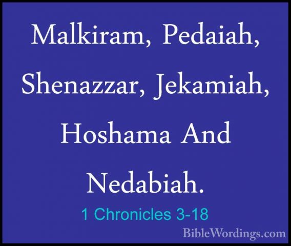 1 Chronicles 3-18 - Malkiram, Pedaiah, Shenazzar, Jekamiah, HoshaMalkiram, Pedaiah, Shenazzar, Jekamiah, Hoshama And Nedabiah. 