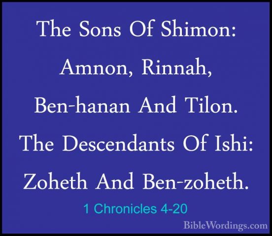 1 Chronicles 4-20 - The Sons Of Shimon: Amnon, Rinnah, Ben-hananThe Sons Of Shimon: Amnon, Rinnah, Ben-hanan And Tilon. The Descendants Of Ishi: Zoheth And Ben-zoheth. 