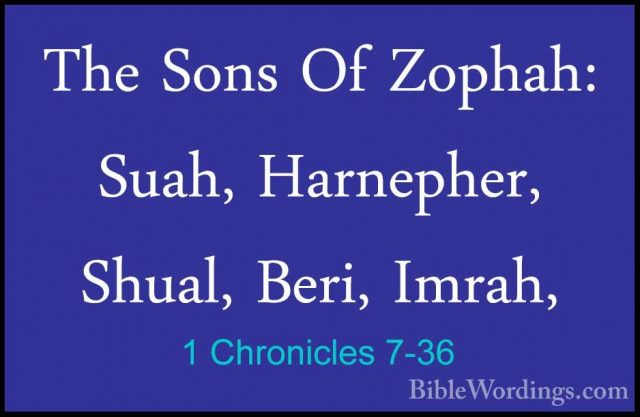 1 Chronicles 7-36 - The Sons Of Zophah: Suah, Harnepher, Shual, BThe Sons Of Zophah: Suah, Harnepher, Shual, Beri, Imrah, 