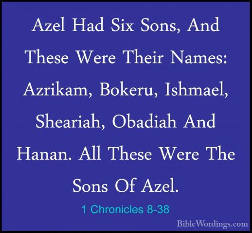1 Chronicles 8-38 - Azel Had Six Sons, And These Were Their NamesAzel Had Six Sons, And These Were Their Names: Azrikam, Bokeru, Ishmael, Sheariah, Obadiah And Hanan. All These Were The Sons Of Azel. 
