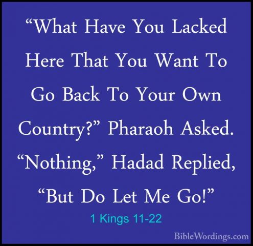 1 Kings 11-22 - "What Have You Lacked Here That You Want To Go Ba"What Have You Lacked Here That You Want To Go Back To Your Own Country?" Pharaoh Asked. "Nothing," Hadad Replied, "But Do Let Me Go!" 