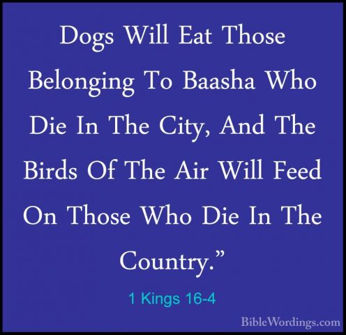 1 Kings 16-4 - Dogs Will Eat Those Belonging To Baasha Who Die InDogs Will Eat Those Belonging To Baasha Who Die In The City, And The Birds Of The Air Will Feed On Those Who Die In The Country." 