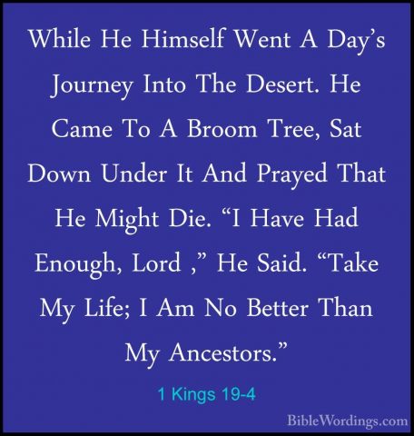 1 Kings 19-4 - While He Himself Went A Day's Journey Into The DesWhile He Himself Went A Day's Journey Into The Desert. He Came To A Broom Tree, Sat Down Under It And Prayed That He Might Die. "I Have Had Enough, Lord ," He Said. "Take My Life; I Am No Better Than My Ancestors." 