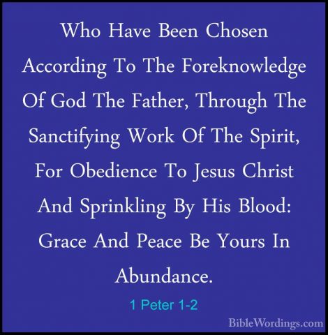 1 Peter 1-2 - Who Have Been Chosen According To The ForeknowledgeWho Have Been Chosen According To The Foreknowledge Of God The Father, Through The Sanctifying Work Of The Spirit, For Obedience To Jesus Christ And Sprinkling By His Blood: Grace And Peace Be Yours In Abundance. 