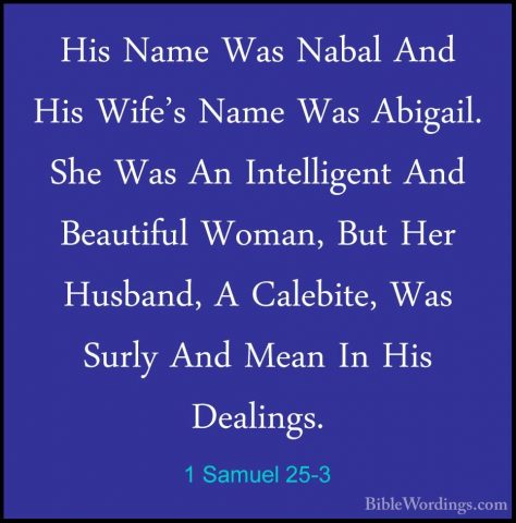 1 Samuel 25-3 - His Name Was Nabal And His Wife's Name Was AbigaiHis Name Was Nabal And His Wife's Name Was Abigail. She Was An Intelligent And Beautiful Woman, But Her Husband, A Calebite, Was Surly And Mean In His Dealings. 