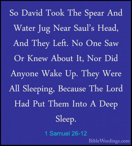 1 Samuel 26-12 - So David Took The Spear And Water Jug Near Saul'So David Took The Spear And Water Jug Near Saul's Head, And They Left. No One Saw Or Knew About It, Nor Did Anyone Wake Up. They Were All Sleeping, Because The Lord Had Put Them Into A Deep Sleep. 