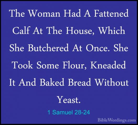 1 Samuel 28-24 - The Woman Had A Fattened Calf At The House, WhicThe Woman Had A Fattened Calf At The House, Which She Butchered At Once. She Took Some Flour, Kneaded It And Baked Bread Without Yeast. 