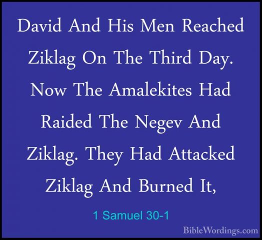 1 Samuel 30-1 - David And His Men Reached Ziklag On The Third DayDavid And His Men Reached Ziklag On The Third Day. Now The Amalekites Had Raided The Negev And Ziklag. They Had Attacked Ziklag And Burned It, 