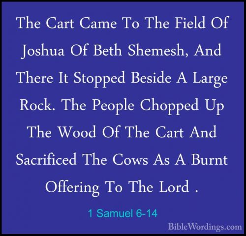 1 Samuel 6-14 - The Cart Came To The Field Of Joshua Of Beth ShemThe Cart Came To The Field Of Joshua Of Beth Shemesh, And There It Stopped Beside A Large Rock. The People Chopped Up The Wood Of The Cart And Sacrificed The Cows As A Burnt Offering To The Lord . 
