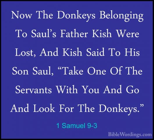 1 Samuel 9-3 - Now The Donkeys Belonging To Saul's Father Kish WeNow The Donkeys Belonging To Saul's Father Kish Were Lost, And Kish Said To His Son Saul, "Take One Of The Servants With You And Go And Look For The Donkeys." 