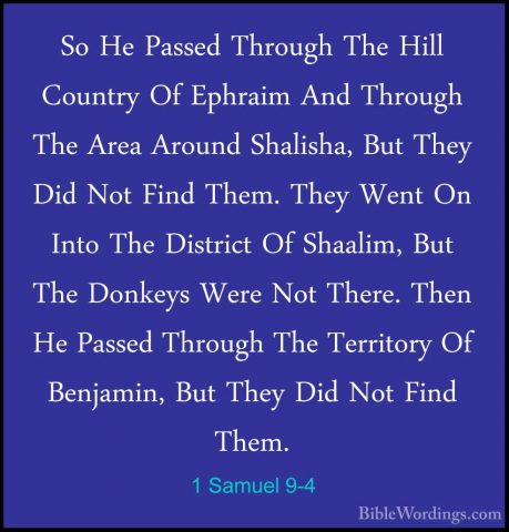 1 Samuel 9-4 - So He Passed Through The Hill Country Of Ephraim ASo He Passed Through The Hill Country Of Ephraim And Through The Area Around Shalisha, But They Did Not Find Them. They Went On Into The District Of Shaalim, But The Donkeys Were Not There. Then He Passed Through The Territory Of Benjamin, But They Did Not Find Them. 