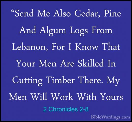 2 Chronicles 2-8 - "Send Me Also Cedar, Pine And Algum Logs From"Send Me Also Cedar, Pine And Algum Logs From Lebanon, For I Know That Your Men Are Skilled In Cutting Timber There. My Men Will Work With Yours 