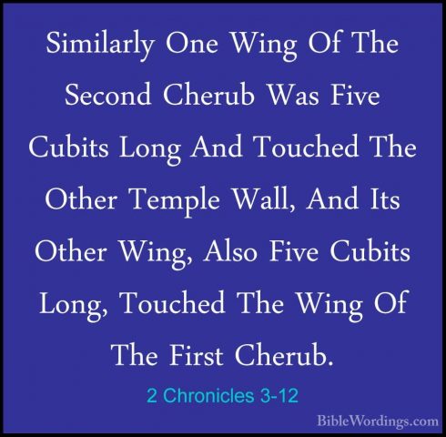 2 Chronicles 3-12 - Similarly One Wing Of The Second Cherub Was FSimilarly One Wing Of The Second Cherub Was Five Cubits Long And Touched The Other Temple Wall, And Its Other Wing, Also Five Cubits Long, Touched The Wing Of The First Cherub. 