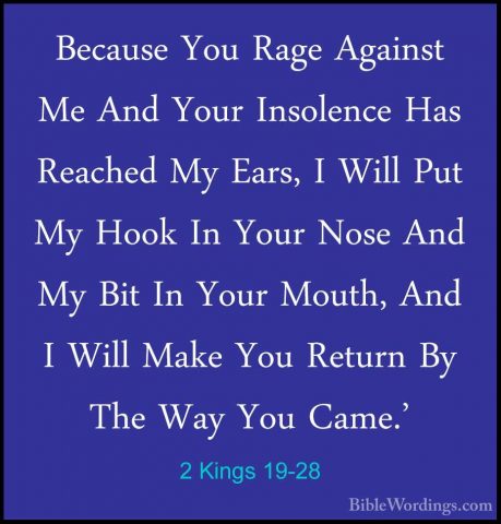 2 Kings 19-28 - Because You Rage Against Me And Your Insolence HaBecause You Rage Against Me And Your Insolence Has Reached My Ears, I Will Put My Hook In Your Nose And My Bit In Your Mouth, And I Will Make You Return By The Way You Came.' 