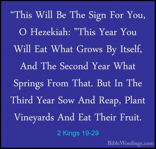 2 Kings 19-29 - "This Will Be The Sign For You, O Hezekiah: "This"This Will Be The Sign For You, O Hezekiah: "This Year You Will Eat What Grows By Itself, And The Second Year What Springs From That. But In The Third Year Sow And Reap, Plant Vineyards And Eat Their Fruit. 