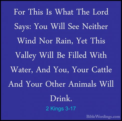 2 Kings 3-17 - For This Is What The Lord Says: You Will See NeithFor This Is What The Lord Says: You Will See Neither Wind Nor Rain, Yet This Valley Will Be Filled With Water, And You, Your Cattle And Your Other Animals Will Drink. 