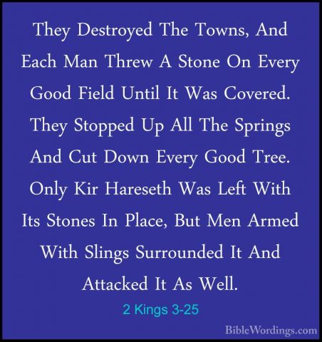 2 Kings 3-25 - They Destroyed The Towns, And Each Man Threw A StoThey Destroyed The Towns, And Each Man Threw A Stone On Every Good Field Until It Was Covered. They Stopped Up All The Springs And Cut Down Every Good Tree. Only Kir Hareseth Was Left With Its Stones In Place, But Men Armed With Slings Surrounded It And Attacked It As Well. 