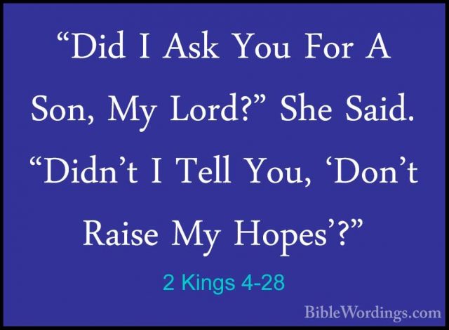 2 Kings 4-28 - "Did I Ask You For A Son, My Lord?" She Said. "Did"Did I Ask You For A Son, My Lord?" She Said. "Didn't I Tell You, 'Don't Raise My Hopes'?" 