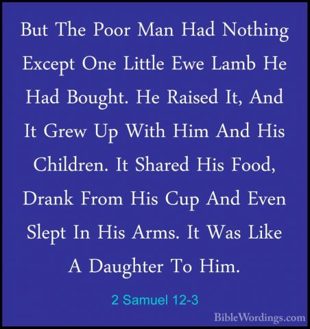 2 Samuel 12-3 - But The Poor Man Had Nothing Except One Little EwBut The Poor Man Had Nothing Except One Little Ewe Lamb He Had Bought. He Raised It, And It Grew Up With Him And His Children. It Shared His Food, Drank From His Cup And Even Slept In His Arms. It Was Like A Daughter To Him. 