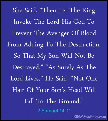 2 Samuel 14-11 - She Said, "Then Let The King Invoke The Lord HisShe Said, "Then Let The King Invoke The Lord His God To Prevent The Avenger Of Blood From Adding To The Destruction, So That My Son Will Not Be Destroyed." "As Surely As The Lord Lives," He Said, "Not One Hair Of Your Son's Head Will Fall To The Ground." 