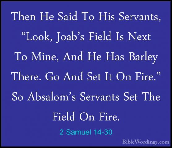 2 Samuel 14-30 - Then He Said To His Servants, "Look, Joab's FielThen He Said To His Servants, "Look, Joab's Field Is Next To Mine, And He Has Barley There. Go And Set It On Fire." So Absalom's Servants Set The Field On Fire. 
