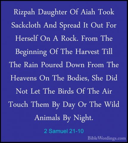 2 Samuel 21-10 - Rizpah Daughter Of Aiah Took Sackcloth And SpreaRizpah Daughter Of Aiah Took Sackcloth And Spread It Out For Herself On A Rock. From The Beginning Of The Harvest Till The Rain Poured Down From The Heavens On The Bodies, She Did Not Let The Birds Of The Air Touch Them By Day Or The Wild Animals By Night. 