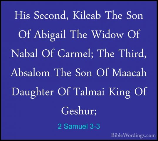2 Samuel 3-3 - His Second, Kileab The Son Of Abigail The Widow OfHis Second, Kileab The Son Of Abigail The Widow Of Nabal Of Carmel; The Third, Absalom The Son Of Maacah Daughter Of Talmai King Of Geshur; 