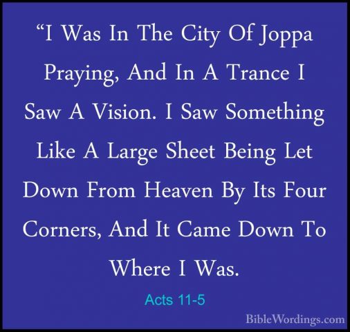 Acts 11-5 - "I Was In The City Of Joppa Praying, And In A Trance"I Was In The City Of Joppa Praying, And In A Trance I Saw A Vision. I Saw Something Like A Large Sheet Being Let Down From Heaven By Its Four Corners, And It Came Down To Where I Was. 