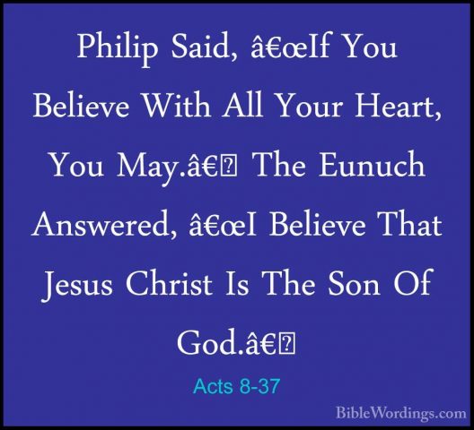 Acts 8-37 - Philip Said, â€œIf You Believe With All Your Heart, YPhilip Said, â€œIf You Believe With All Your Heart, You May.â€� The Eunuch Answered, â€œI Believe That Jesus Christ Is The Son Of God.â€�