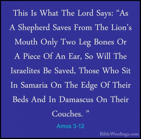 Amos 3-12 - This Is What The Lord Says: "As A Shepherd Saves FromThis Is What The Lord Says: "As A Shepherd Saves From The Lion's Mouth Only Two Leg Bones Or A Piece Of An Ear, So Will The Israelites Be Saved, Those Who Sit In Samaria On The Edge Of Their Beds And In Damascus On Their Couches. " 