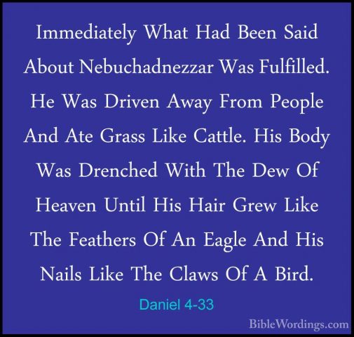 Daniel 4-33 - Immediately What Had Been Said About NebuchadnezzarImmediately What Had Been Said About Nebuchadnezzar Was Fulfilled. He Was Driven Away From People And Ate Grass Like Cattle. His Body Was Drenched With The Dew Of Heaven Until His Hair Grew Like The Feathers Of An Eagle And His Nails Like The Claws Of A Bird. 