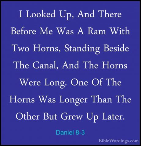 Daniel 8-3 - I Looked Up, And There Before Me Was A Ram With TwoI Looked Up, And There Before Me Was A Ram With Two Horns, Standing Beside The Canal, And The Horns Were Long. One Of The Horns Was Longer Than The Other But Grew Up Later. 
