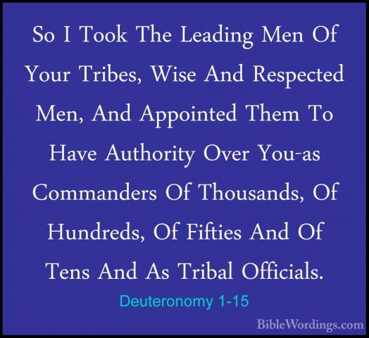 Deuteronomy 1-15 - So I Took The Leading Men Of Your Tribes, WiseSo I Took The Leading Men Of Your Tribes, Wise And Respected Men, And Appointed Them To Have Authority Over You-as Commanders Of Thousands, Of Hundreds, Of Fifties And Of Tens And As Tribal Officials. 