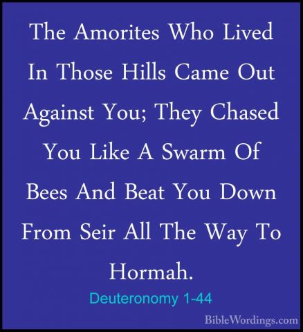 Deuteronomy 1-44 - The Amorites Who Lived In Those Hills Came OutThe Amorites Who Lived In Those Hills Came Out Against You; They Chased You Like A Swarm Of Bees And Beat You Down From Seir All The Way To Hormah. 
