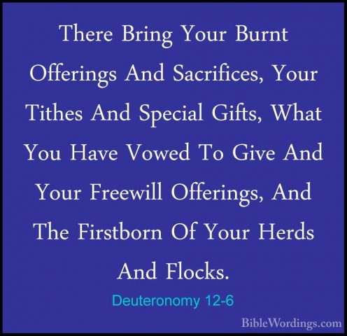 Deuteronomy 12-6 - There Bring Your Burnt Offerings And SacrificeThere Bring Your Burnt Offerings And Sacrifices, Your Tithes And Special Gifts, What You Have Vowed To Give And Your Freewill Offerings, And The Firstborn Of Your Herds And Flocks. 