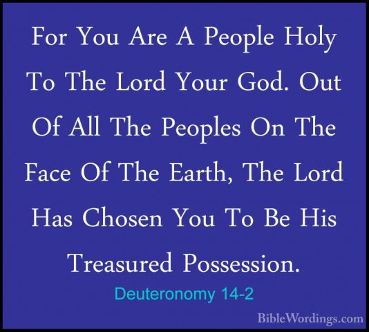 Deuteronomy 14-2 - For You Are A People Holy To The Lord Your GodFor You Are A People Holy To The Lord Your God. Out Of All The Peoples On The Face Of The Earth, The Lord Has Chosen You To Be His Treasured Possession. 