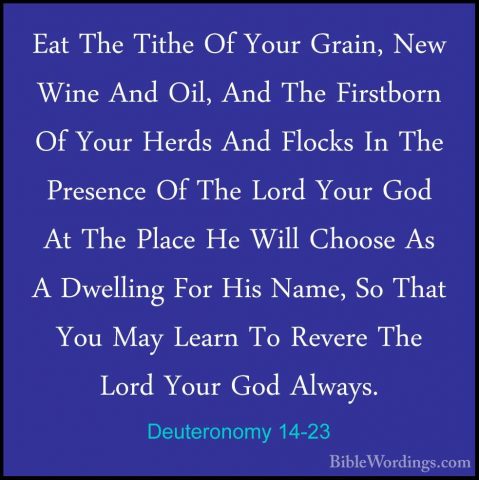 Deuteronomy 14-23 - Eat The Tithe Of Your Grain, New Wine And OilEat The Tithe Of Your Grain, New Wine And Oil, And The Firstborn Of Your Herds And Flocks In The Presence Of The Lord Your God At The Place He Will Choose As A Dwelling For His Name, So That You May Learn To Revere The Lord Your God Always. 