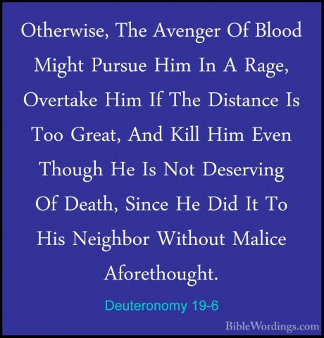 Deuteronomy 19-6 - Otherwise, The Avenger Of Blood Might Pursue HOtherwise, The Avenger Of Blood Might Pursue Him In A Rage, Overtake Him If The Distance Is Too Great, And Kill Him Even Though He Is Not Deserving Of Death, Since He Did It To His Neighbor Without Malice Aforethought. 