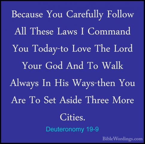 Deuteronomy 19-9 - Because You Carefully Follow All These Laws IBecause You Carefully Follow All These Laws I Command You Today-to Love The Lord Your God And To Walk Always In His Ways-then You Are To Set Aside Three More Cities. 