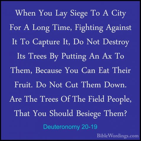 Deuteronomy 20-19 - When You Lay Siege To A City For A Long Time,When You Lay Siege To A City For A Long Time, Fighting Against It To Capture It, Do Not Destroy Its Trees By Putting An Ax To Them, Because You Can Eat Their Fruit. Do Not Cut Them Down. Are The Trees Of The Field People, That You Should Besiege Them? 