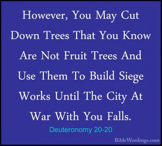Deuteronomy 20-20 - However, You May Cut Down Trees That You KnowHowever, You May Cut Down Trees That You Know Are Not Fruit Trees And Use Them To Build Siege Works Until The City At War With You Falls.