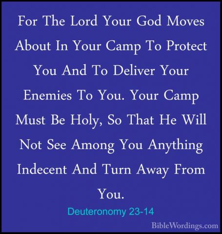 Deuteronomy 23-14 - For The Lord Your God Moves About In Your CamFor The Lord Your God Moves About In Your Camp To Protect You And To Deliver Your Enemies To You. Your Camp Must Be Holy, So That He Will Not See Among You Anything Indecent And Turn Away From You. 